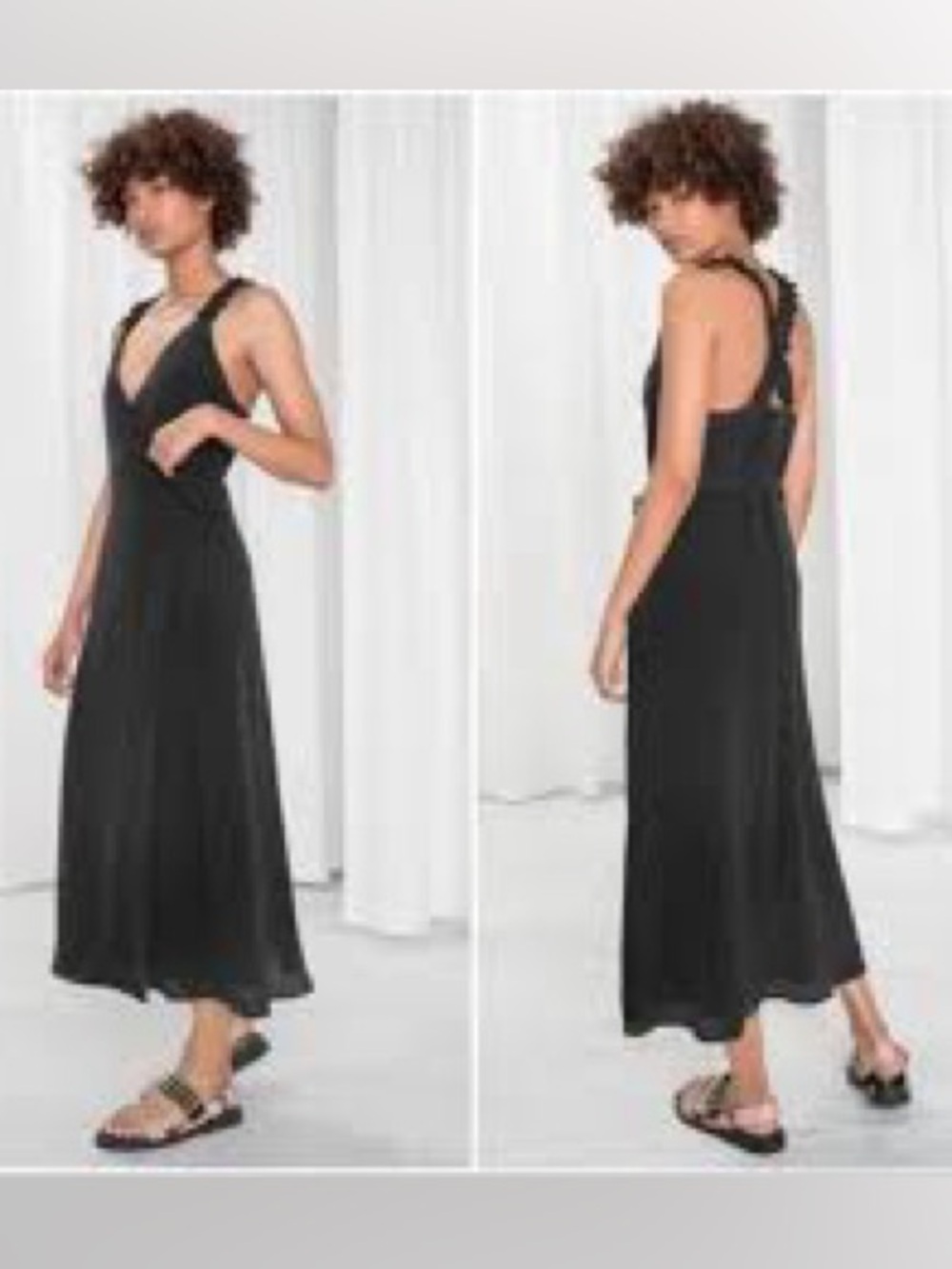 & OTHER STORIES Ruffle Strap Cross Back SILK FRILL STRAP WRAP MIDI DRESS Black 4